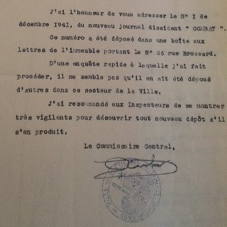 Combat 29/12/1941 Note au Préfet